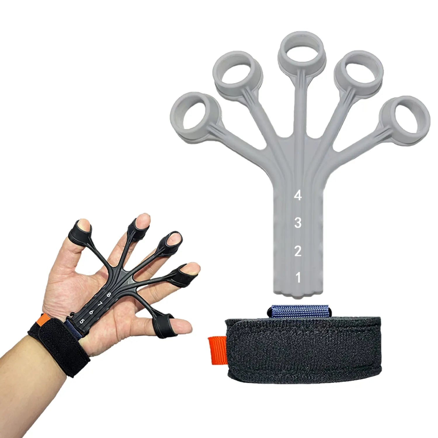 Silicone finger flexion and extension rehabilitation trainer with adjustable strap in black or grey.