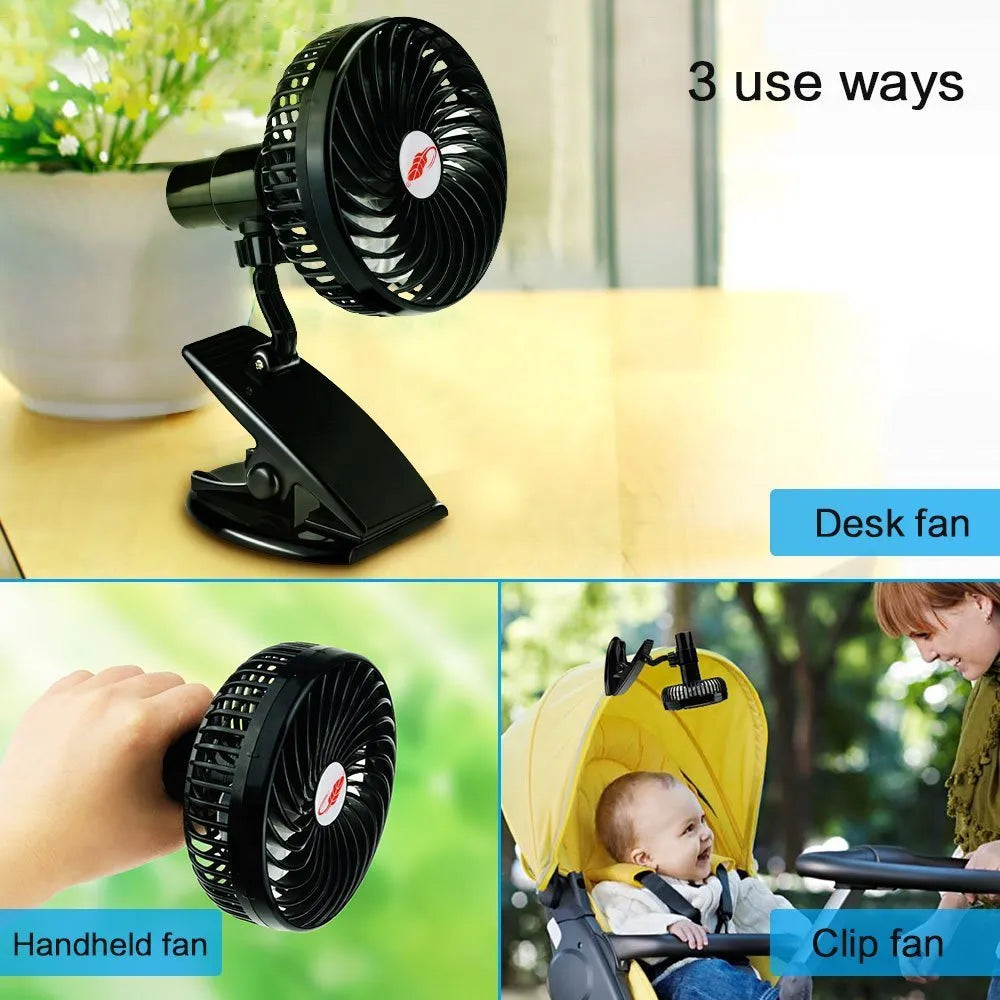 Mini clip fan with 360-degree adjustable head, 3 speeds, and rechargeable battery, shown in black.