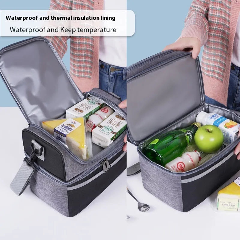 Double-layer colour matching insulated lunch bag in Oxford cloth with aluminum foil lining, black colour, portable style