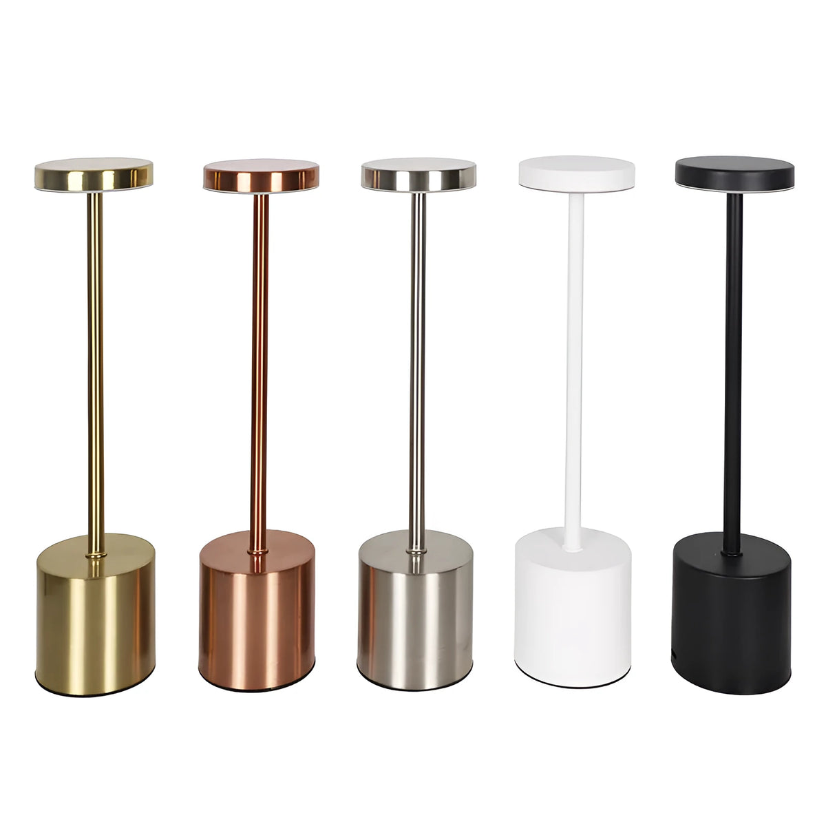 Modern minimalist iron table lamp with silver finish, I-shaped silhouette, emitting warm ambient light on a bedside table