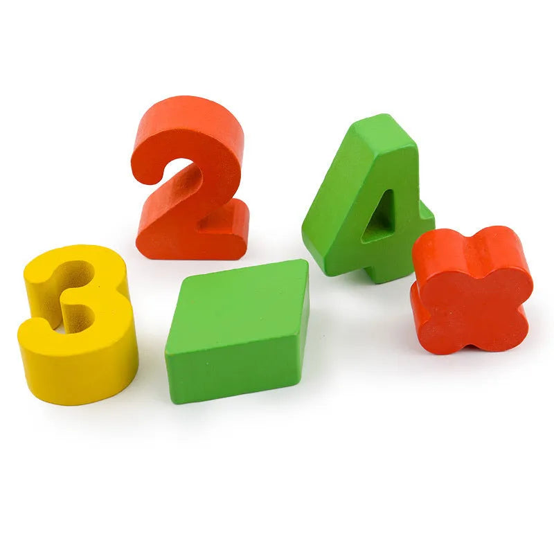 Early childhood education wooden logarithmic board with numbers, geometric figures, and colourful beads