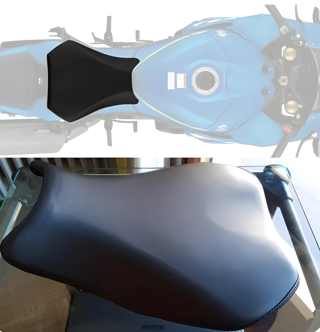 Suzuki GSXR1000 motorcycle with black PU leather protective covers on the front and rear seats.