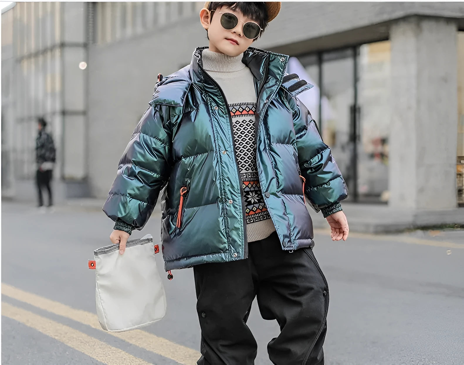 Thick winter white duck down jacket for boys, hooded Korean style, grey-green colour, front zipper closure