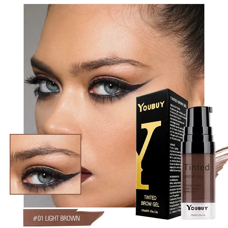 Waterproof brow cream in dark grey and golden yellow shades for quick-drying, long-lasting eyebrows