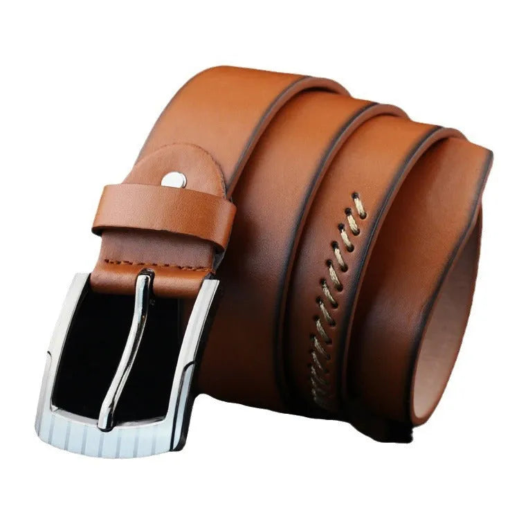 Men's threading pattern casual belt with alloy pin buckle in black colour showing retro design details