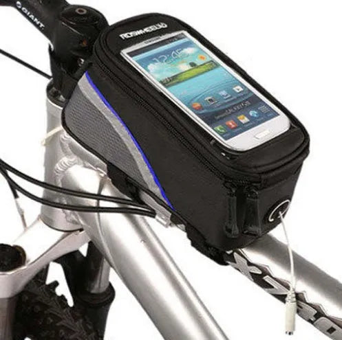 ROSWHEEL black PVC bicycle frame bag holding an iPhone on a bike top tube