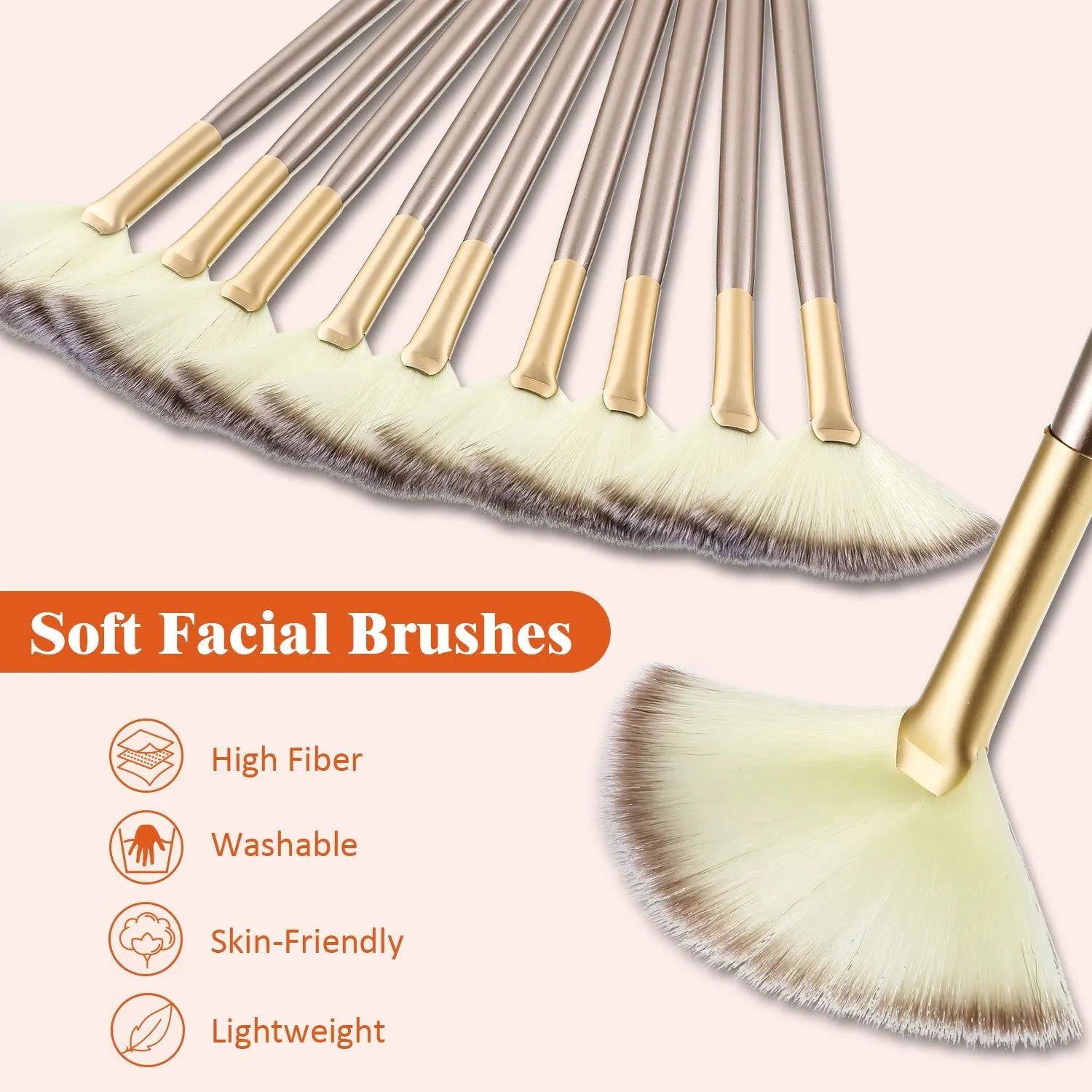 Set of 10 professional facial fan brushes with acrylic handles and protective covers