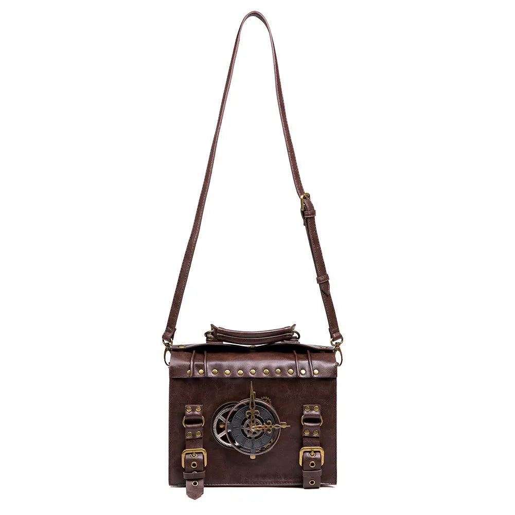 Bronze steampunk industrial retro style shoulder bag with metal hardware and pillow bag shape