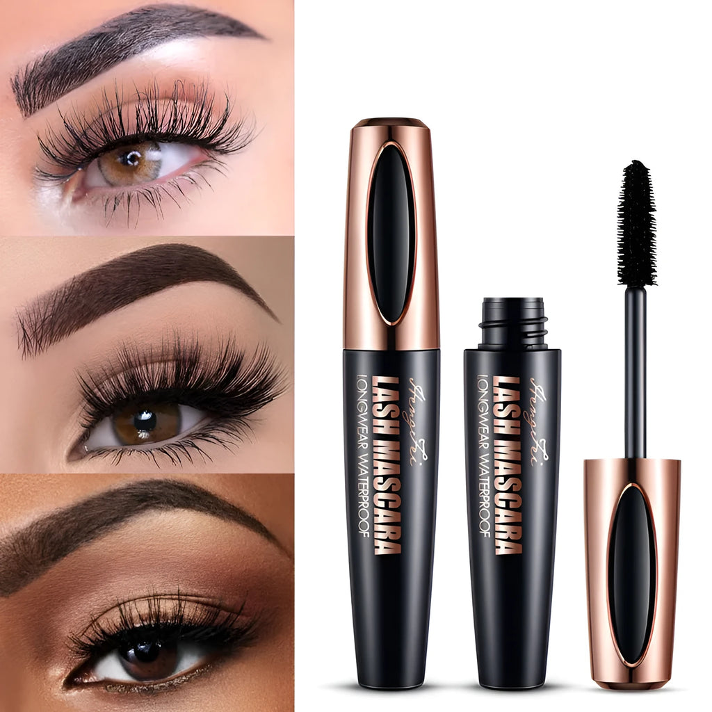 Black waterproof mascara tube with wand applicator for curling lashes and preventing smudging