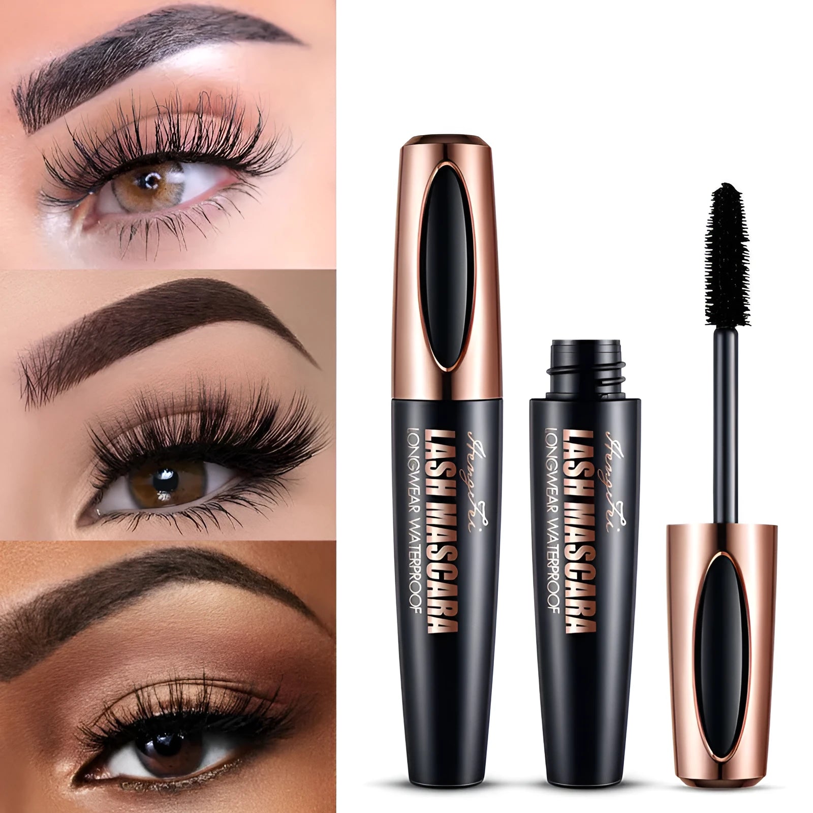 Black waterproof mascara tube with wand applicator for curling lashes and preventing smudging