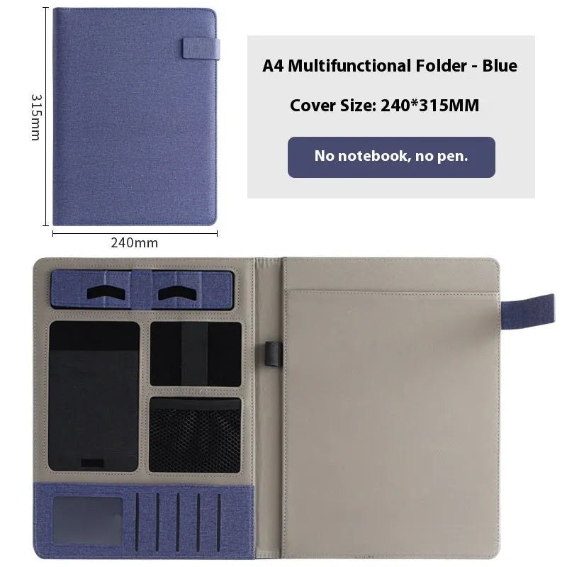 Black leather A4 business folder open, showing interior document space, pen loop, and optional notepad.