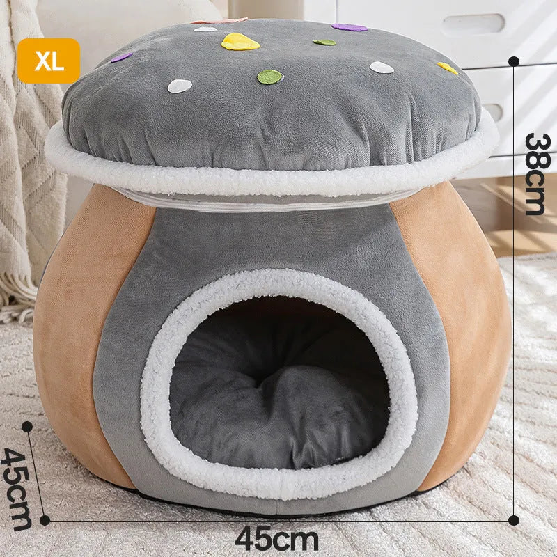 Mushroom-shaped cat bed with detachable plush blanket in grey, pink or purple colour