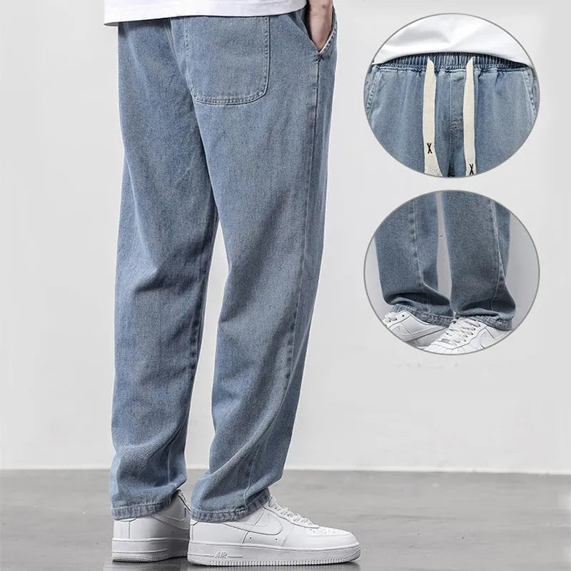 Men's loose wide leg denim trousers with elasticated drawstring waist in multiple colours, straight-leg fit