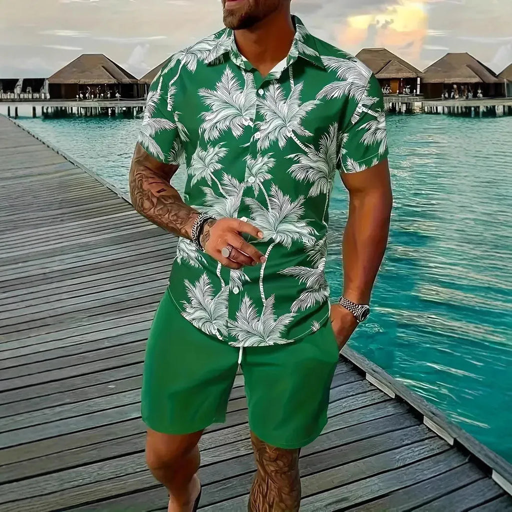 Man wearing a blue and white 3D printed Hawaiian shirt with matching shorts.