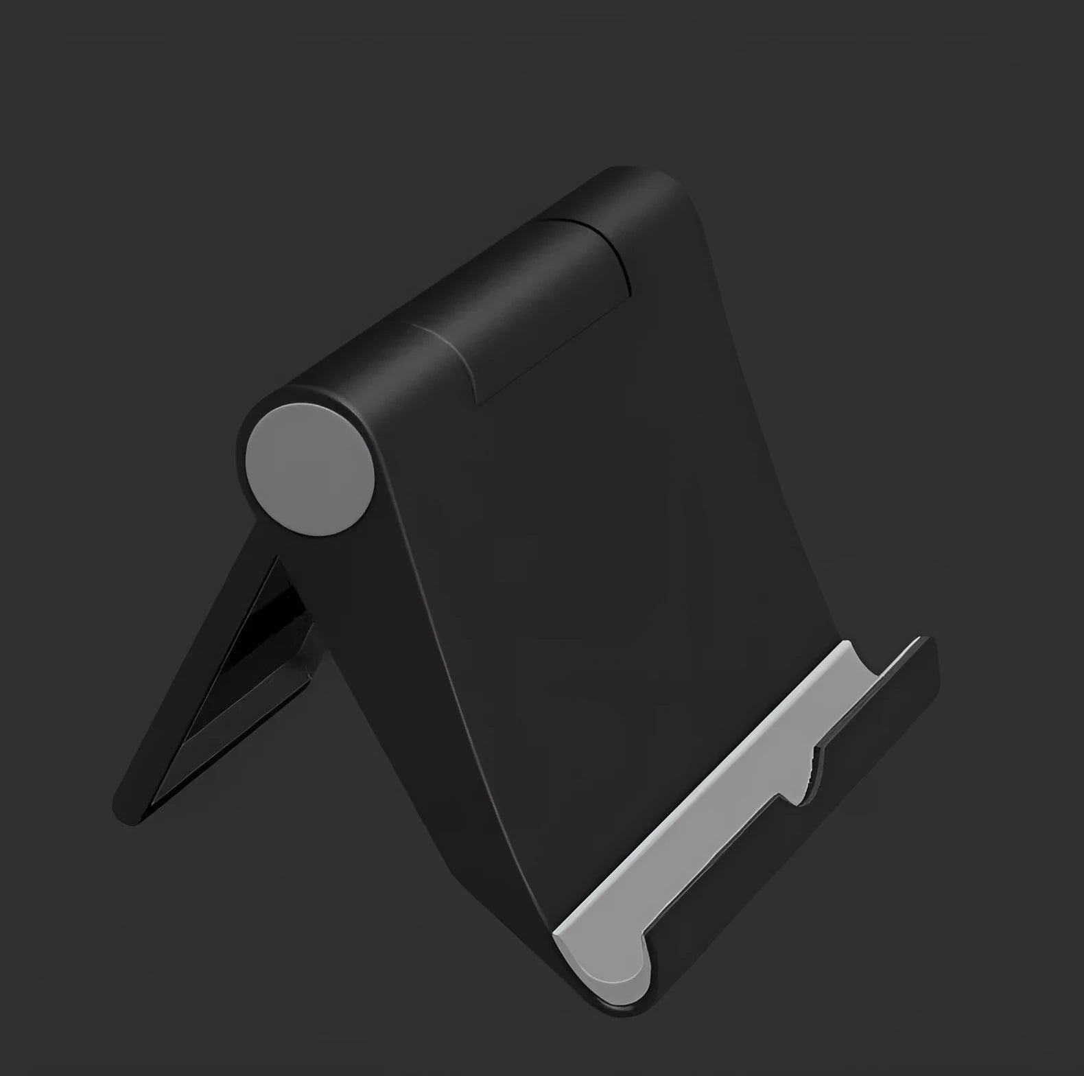 Black PE folding phone and tablet stand with soft rubber backing, shown at an adjustable angle.