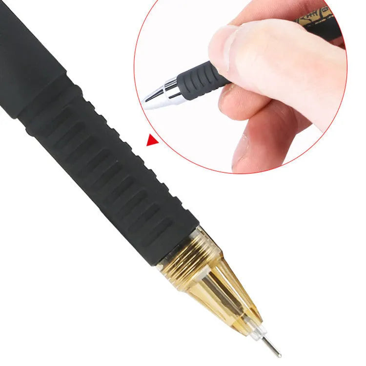 Set of eight carbon black gel pens with plastic bodies, showing bullet and needle tip options