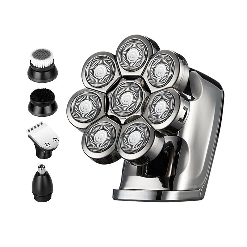 Eight-knife electric shaver with five-in-one attachments, LED display, floating cutter head, and USB charging cable