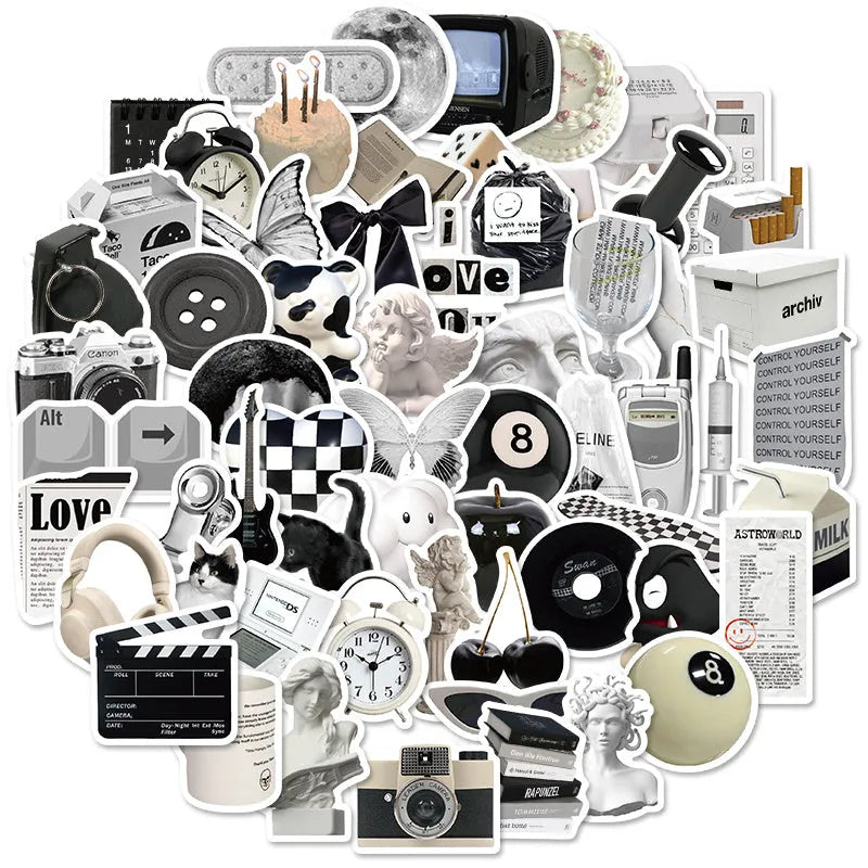 61 black and white coffee and tea themed PVC vinyl stickers for decoration.