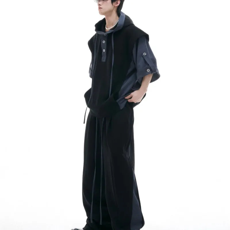 Men's black hooded short sleeve jacket and trousers leisure suit with three-dimensional stitching