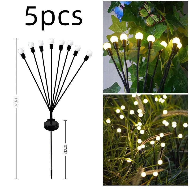 Solar-powered LED firefly ground lamp with multiple light heads for garden pathway illumination