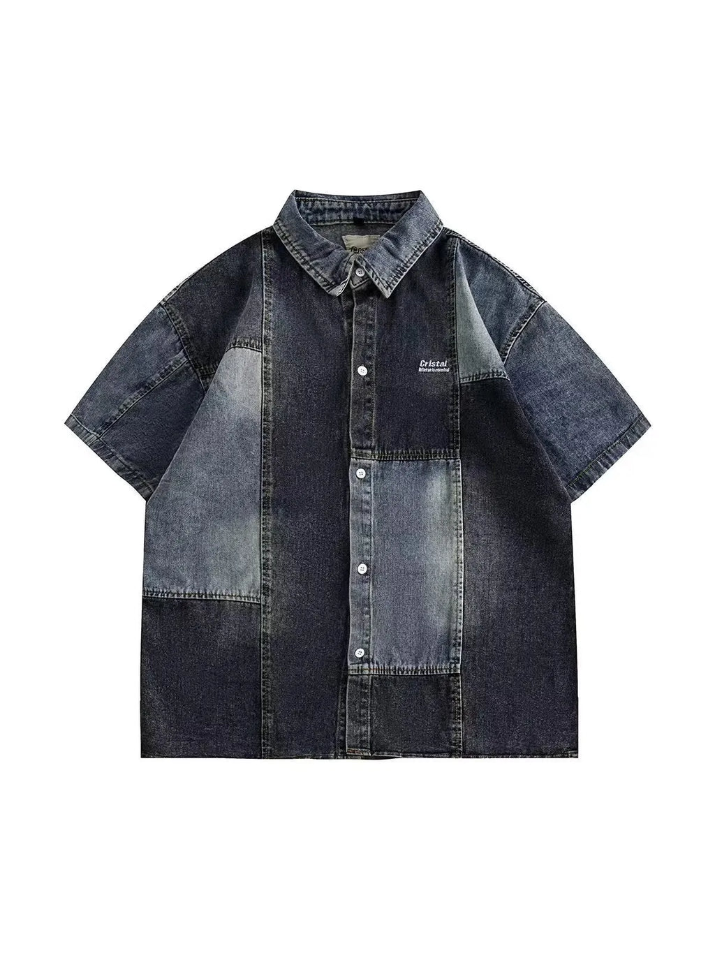 Blue Japanese-style retro denim shirt with washed stitching details in loose cardigan fit