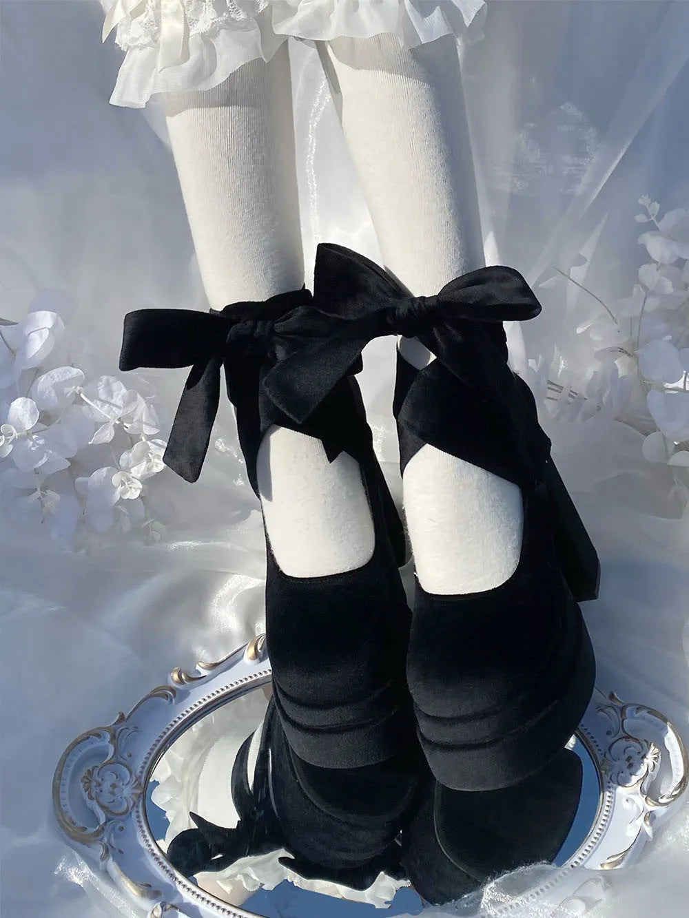 Women's suede cross lace-up Mary Jane high heels in black with buckle closure and rubber sole