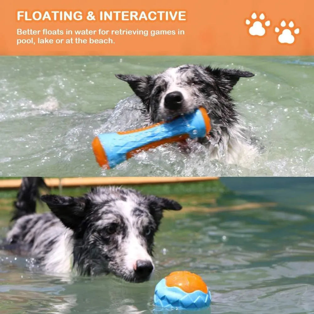 Set of three TPR dog toys: a squeaky ball, barbell, and floating tyre for pool fetch play