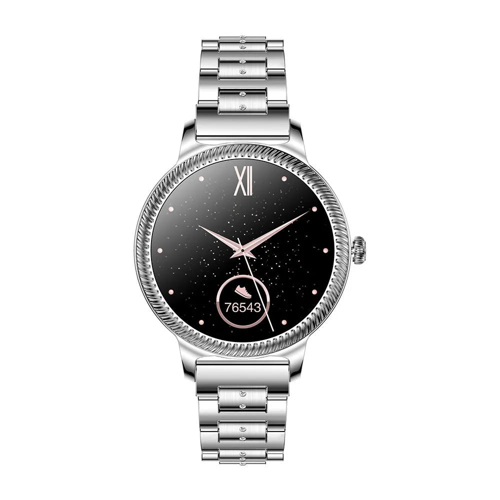 AK38 ladies smart watch with stainless steel band on a wrist, showing its 1.09-inch screen.