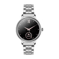 AK38 ladies smart watch with stainless steel band on a wrist, showing its 1.09-inch screen.
