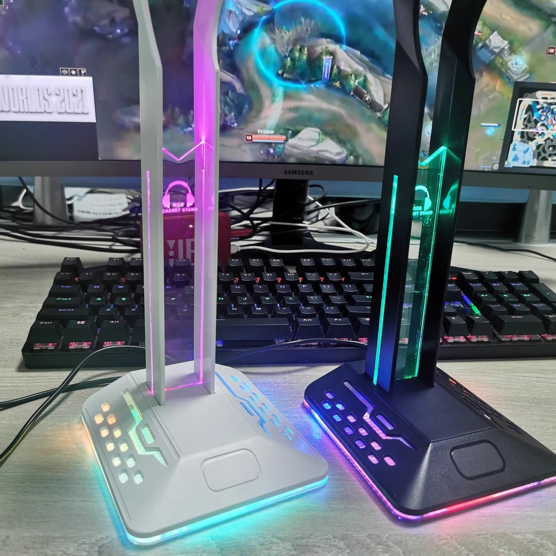 RGB colour-changing headset display bracket with integrated dual USB ports on the base.