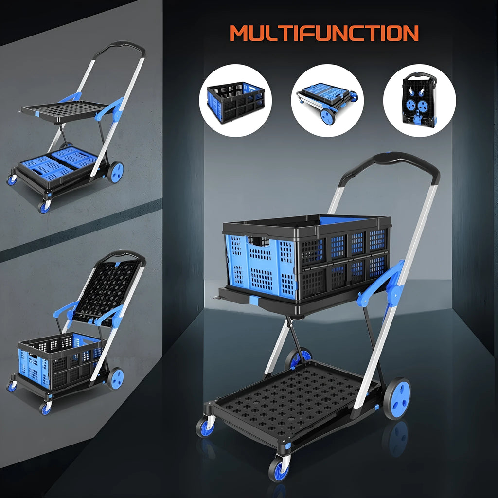 Blue foldable shopping trolley with two plastic baskets, shown upright and collapsed.