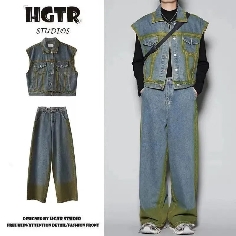 Blue distressed fleece-lined jeans suit set with colour gradient spray design