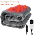 Grey 12V car electric blanket showing cigarette lighter plug connection and temperature controls