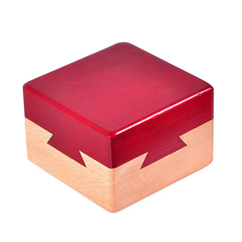 Red wooden magic box with Kong Ming Lock, 9.5cm size, angled view showing box and puzzle lock