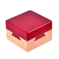 Red wooden magic box with Kong Ming Lock, 9.5cm size, angled view showing box and puzzle lock