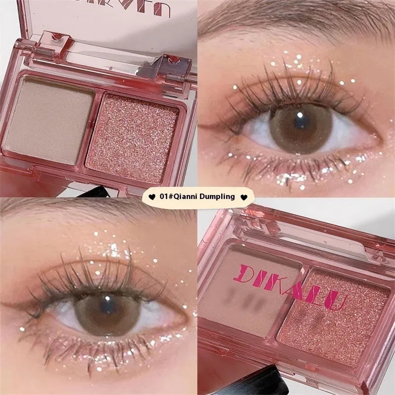 Two-tone eye shadow cosmetic plate showing matte and shimmer sections in pink and black colour combination