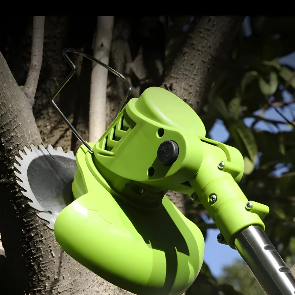 Cordless electric lawn mower with stainless steel telescopic tube on grass