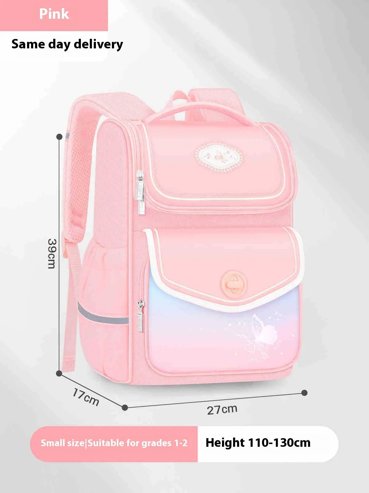 Girls' waterproof schoolbag in pink colour with Oxford cloth construction for primary school students years 1-6