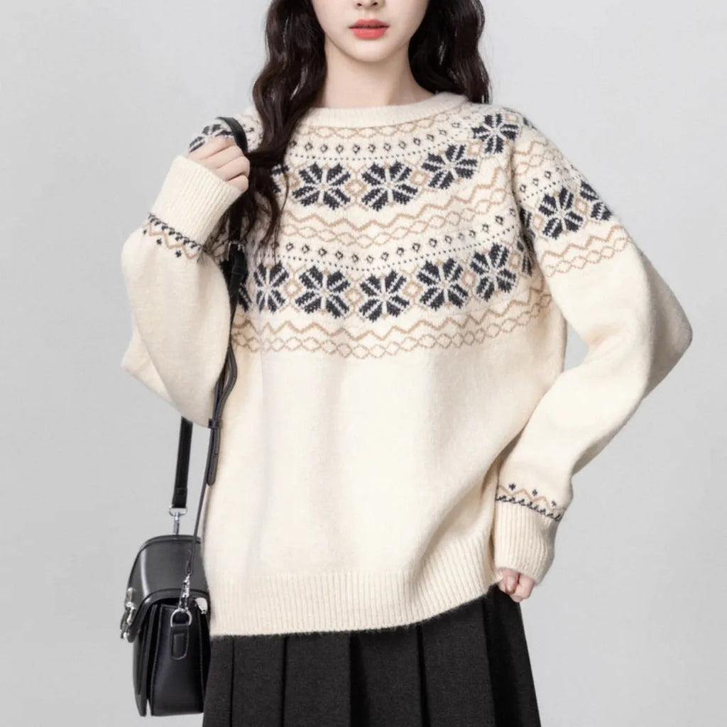 Women's milky white vintage Fair Isle geometric pattern pullover sweater with a loose fit and crew neck.