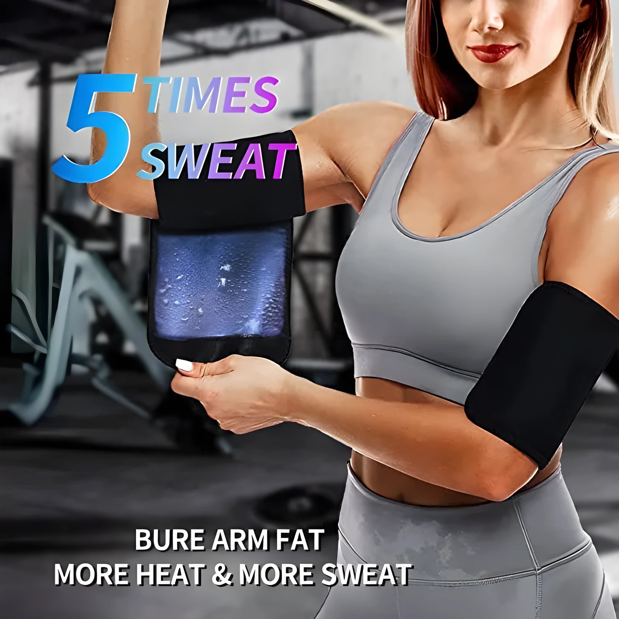 Adjustable arm sweatband with hook-and-loop strap in blue, shown on an arm during exercise.