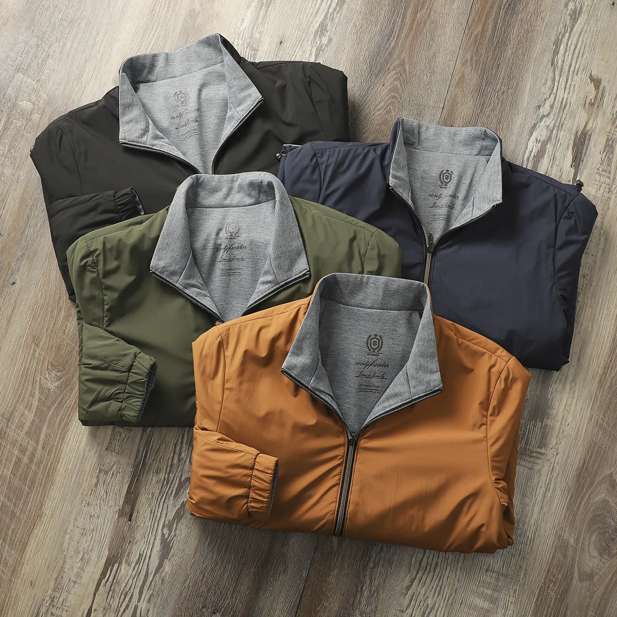 Men's stand collar casual jacket in Army Green, shown on a hanger