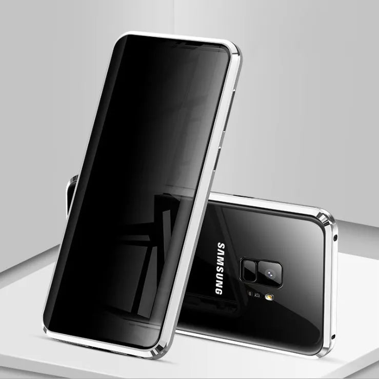 Magnetic anti-peeping phone case for Samsung Galaxy in clamshell design with double-sided glass construction