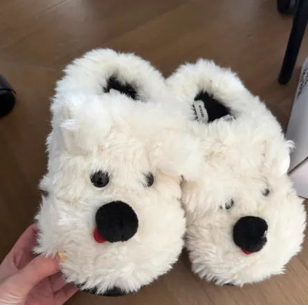 Scrawl Puppy autumn warm closed toe indoor slippers in khaki, plush upper with rubber sole