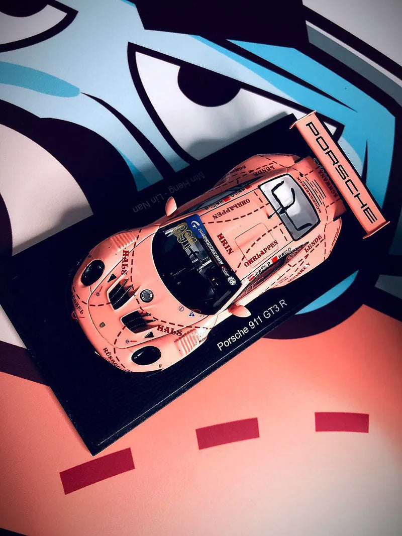Pink 1:64 scale resin Porsche supercar model body, approx. 7 x 3.2 x 2 cm, with 10 x 4 x 3.5 cm display box