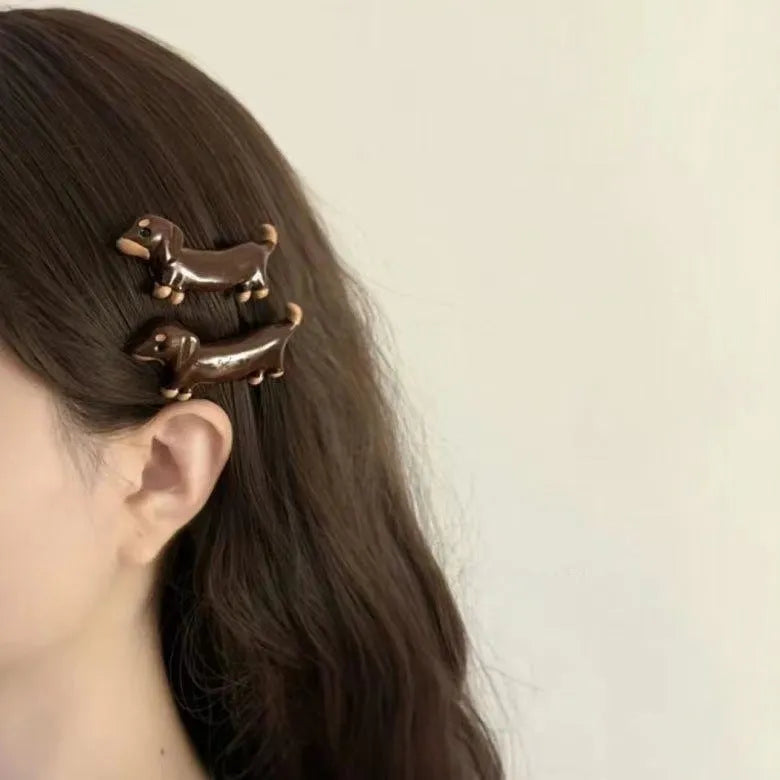 Dachshund dog hair barrettes with loose delicate styling and electroplating finish