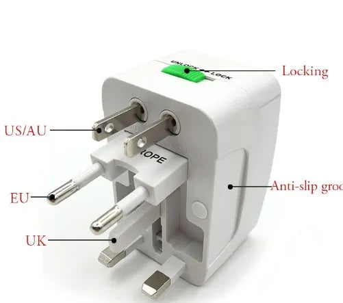 Compact universal travel plug adapter for international sockets, dimensions 73mm by 50mm by 39mm
