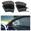 Set of four grey mesh car side window sunshades with elastic edges, shown fitted on a car.