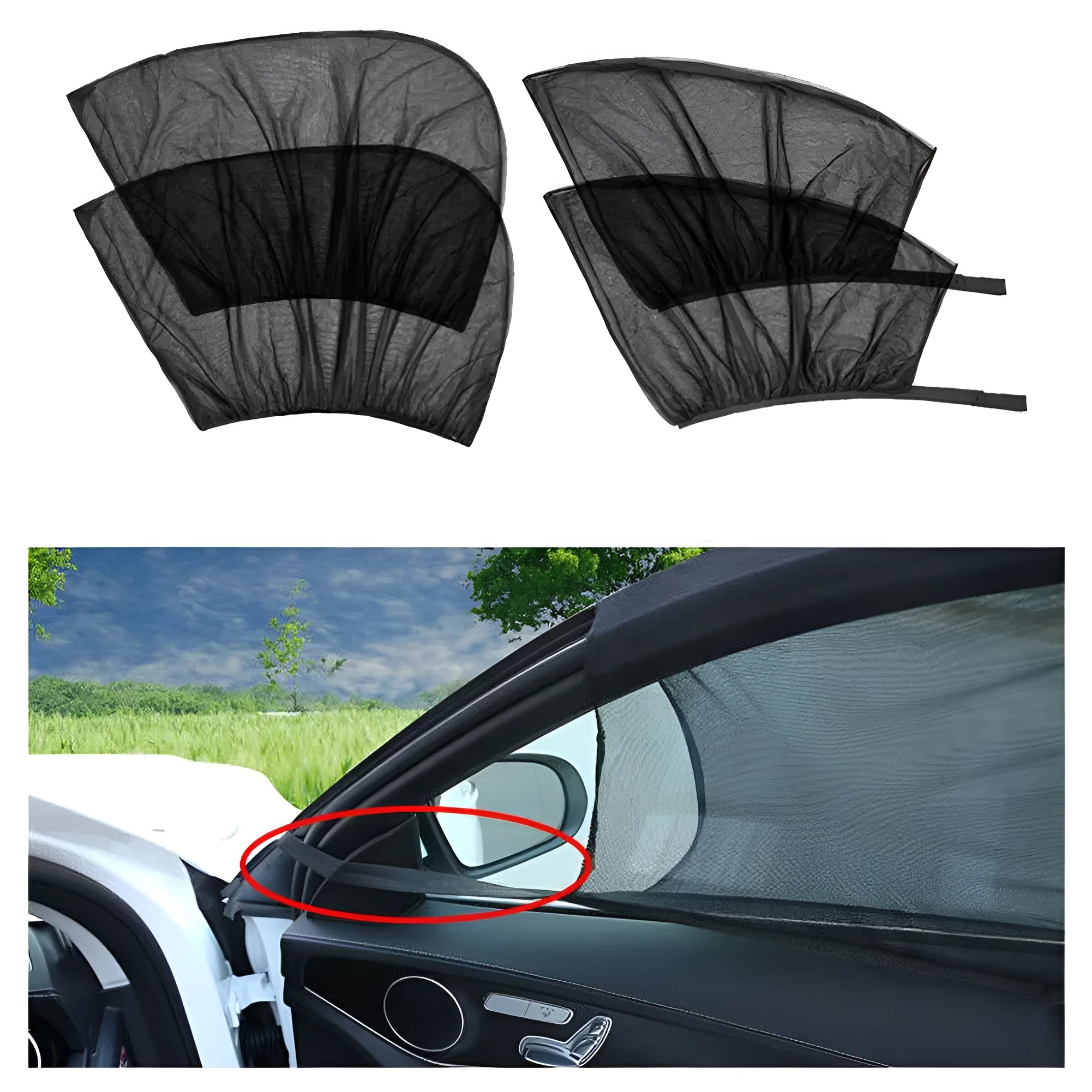 Set of four grey mesh car side window sunshades with elastic edges, shown fitted on a car.