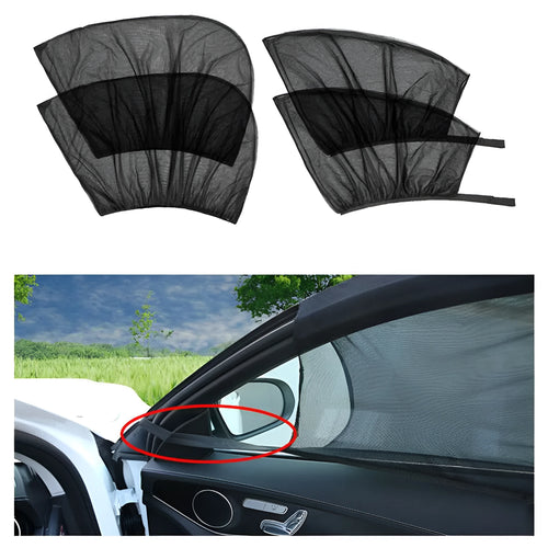 Non-woven fabric mesh car side window sun shade with elastic edge for front and rear windows.