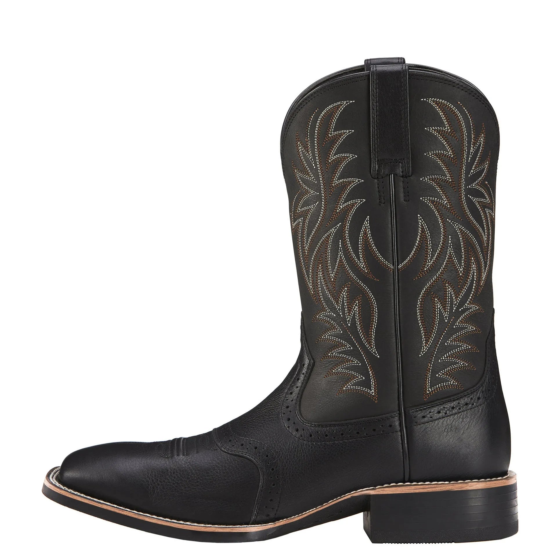 Men's black and brown Western cowboy boots with high embroidery stitching and wide square toe.